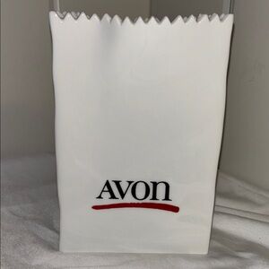 Vintage Avon ceramic white bag vase 80s logo Avon lady delivery bag figurine